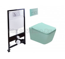 Комплект Унитаз подвесной SantiLine SL-5007T-LG безободковый, с микролифтом, система смыва Tornado, светло-зеленый матовый + Инсталляция SantiLine SL-01 с кнопкой смыва светло-зеленой матовой