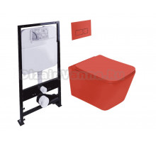 Комплект Унитаз подвесной SantiLine SL-5007T-MR безободковый, с микролифтом, система смыва Tornado, красный матовый + Инсталляция SantiLine SL-01 с кнопкой смыва красной матовой