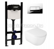 Комплект Valsir Унитаз подвесной Dream 7334 с крышкой 7329, белый глянцевый + Инсталляция Winners S Block VS0853202 с кнопкой смыва P1 хром глянцевой