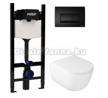 Комплект Valsir Унитаз подвесной Dream 7334 с крышкой 7330, белый глянцевый + Инсталляция Winners S Block VS0853202 с кнопкой смыва P1 черной матовой