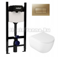 Комплект Valsir Унитаз подвесной Dream 7334 с крышкой 7330, белый глянцевый + Инсталляция Winners S Block VS0853202 с кнопкой смыва P1 золотой матовой