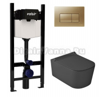 Комплект Valsir Унитаз подвесной MEG11PRO 5486NEMT с крышкой 5478NEMT, черный матовый + Инсталляция Winners S Block VS0853202 с кнопкой смыва P1 золотой матовой