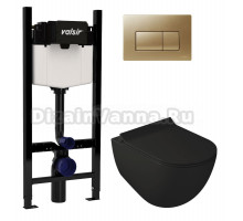 Комплект Valsir Унитаз подвесной Dream 7317NEMT с крышкой 7314NEMT, черный матовый + Инсталляция Winners S Block VS0853202 с кнопкой смыва P1 золотой матовой