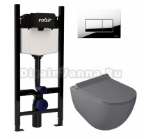 Комплект Valsir Унитаз подвесной Dream 7317GM с крышкой 7314GM, серый матовый + Инсталляция Winners S Block VS0853202 с кнопкой смыва P1 хром глянцевой