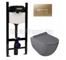 Комплект Valsir Унитаз подвесной Dream 7317GM с крышкой 7314GM, серый матовый + Инсталляция Winners S Block VS0853202 с кнопкой смыва P1 золотой матовой