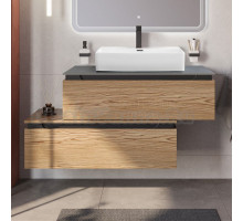 Тумба с раковиной Cezares Slider 100 подвесная, 2 ящика, дуб тангент, со столешницей marmo nero opaco