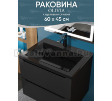 Мебельная раковина Uperwood Olivia 60 накладная, глянцевая черный, прямоугольная, литьевой мрамор, со скрытым сливом
