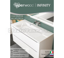 Мебельная раковина Uperwood Infinity 100 накладная, глянцевая белая, без отверстий, прямоугольная, литьевой мрамор, со скрытым сливом