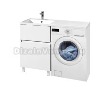 Тумба с раковиной AQUATON Лайн 120 L под стиральную машину, напольная, глянцевая белая, раковина Лайн 120 белая