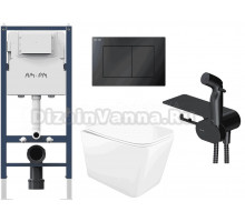 Комплект 4 в 1 Унитаз подвесной STWORKI Молде S23401WH, безободковый, с микролифтом, антивсплеск + Инсталляция AM.PM PrimeFit I012709 цвет белый + Кнопка PrimeFit S I090238 цвет матовый черный + Гигиенический душ Like F0202622, С ВНУТРЕННЕЙ ЧАСТЬЮ, со сме