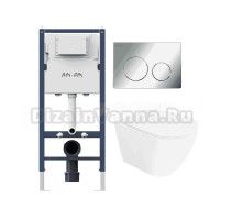 Комплект 3 в 1 Унитаз подвесной STWORKI Готланд S13401WH, безободковый, с микролифтом, глянцевый белый, антивсплеск + Инсталляция AM.PM PrimeFit I012709 цвет белый + Кнопка I090151 цвет хром глянец