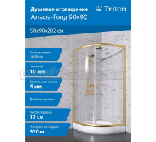 Душевой уголок Triton Альфа -Голд 90x90x202, с поддоном, профиль золото, стекло прозрачное