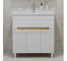 Тумба с раковиной SanStar Модена 80 напольная, глянцевая белая, дуб вотан, раковина Миранда 80