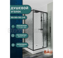 Душевой уголок с распашной дверью BAU Stil квадратный с поддоном 90x90х200, стекло с черным рисунком 6 мм, черный матовый профиль