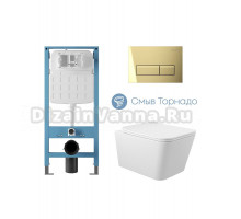 Комплект 4 в 1 Aqueduto Macio AQDS374T безободковый, с микролифтом, RETANGULO Novo кнопка смыва шлифованное золото