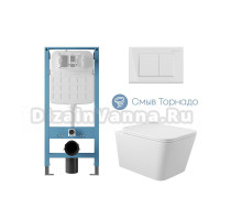 Комплект 4 в 1 Aqueduto Macio AQDS378T безободковый, с микролифтом, QUADRADO кнопка смыва глянцевая белая