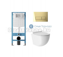 Комплект 4 в 1 Aqueduto Ovo Tornado AQDS250T безободковый, с микролифтом, RETANGULO Novo кнопка смыва шлифованное золото