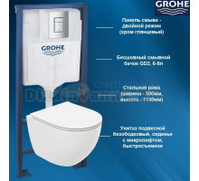 Комплект инсталляции GROHE Rapid SL для подвесного унитаза с панелью смыва, глянцевый хром 38772001 + Унитаз безободковый подвесной, форма овал, сиденье Soft-Close, белый глянец
