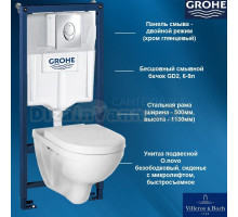 38721001V1 Комплект инсталляция GROHE 38721001 и унитаз подвесной безободковый VILLEROY&BOCH O.novo 5660HR01 с сиденьем микролифт