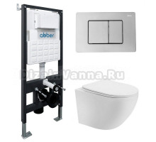Комплект 4 в 1 Abber Bequem AC1100T-AC0105-AC0120 Унитаз подвесной безободковый, с микролифтом + Система инсталляции + Кнопка смыва хром