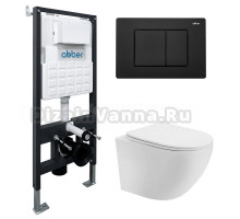 Комплект 4 в 1 Abber Bequem AC1100T-AC0105-AC0120MB Унитаз подвесной безободковый, с микролифтом + Система инсталляции + Кнопка смыва матовая черная
