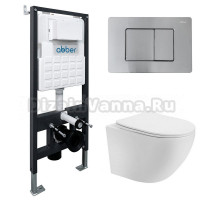 Комплект 4 в 1 Abber Bequem AC1100T-AC0105-AC0120MCH Унитаз подвесной безободковый, с микролифтом + Система инсталляции + Кнопка смыва матовый хром