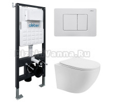 Комплект 4 в 1 Abber Bequem AC1100T-AC0105-AC0120MW Унитаз подвесной безободковый, с микролифтом + Система инсталляции + Кнопка смыва матовая белая