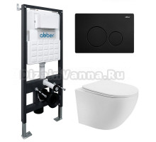 Комплект 4 в 1 Abber Bequem AC1100T-AC0105-AC0121MB Унитаз подвесной безободковый, с микролифтом + Система инсталляции + Кнопка смыва матовая черная