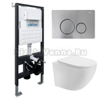 Комплект 4 в 1 Abber Bequem AC1100T-AC0105-AC0121MCH Унитаз подвесной безободковый, с микролифтом + Система инсталляции + Кнопка смыва матовый хром