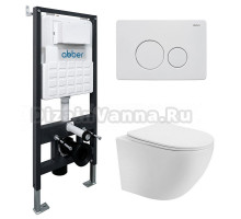 Комплект 4 в 1 Abber Bequem AC1100T-AC0105-AC0121MW Унитаз подвесной безободковый, с микролифтом + Система инсталляции + Кнопка смыва матовая белая