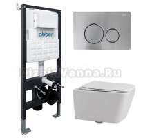 Комплект 4 в 1 Abber Rechteck AC1201-AC0105-AC0121MCH Унитаз подвесной безободковый, с микролифтом + Система инсталляции + Кнопка смыва матовый хром