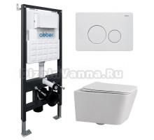 Комплект 4 в 1 Abber Rechteck AC1201-AC0105-AC0121MW Унитаз подвесной безободковый, с микролифтом + Система инсталляции + Кнопка смыва матовая белая