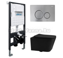 Комплект 4 в 1 Abber Rechteck AC1201MB-AC0105-AC0121MCH Унитаз подвесной безободковый, с микролифтом + Система инсталляции + Кнопка смыва матовый хром