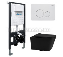 Комплект 4 в 1 Abber Rechteck AC1201MB-AC0105-AC0121MW Унитаз подвесной безободковый, с микролифтом + Система инсталляции + Кнопка смыва матовая белая