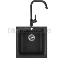 Комплект  Мойка кухонная Domaci Бьелла DMC-06 черная, встраиваемая, накладная, искусственный мрамор, прямоугольная, российская + Смеситель для кухни M