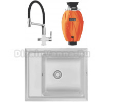 Комплект Мойка Granula Kitchen Space 6004, арктик + Смеситель 0075, с гибким изливом, арктик + Измельчитель Omoikiri Nagare 1000