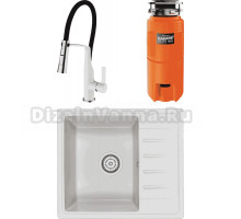 Комплект Мойка Granula Standart 5803, белый + Смеситель Clever Chef 99733, белый, с гибким изливом + Измельчитель Omoikiri Nagare slim 900