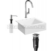 Комплект Мойка Domaci Сиена 50166-101, с 3 отверстиями, белый глянец + Измельчитель Равенна Vento Max 750 + Смеситель STWORKI + Дозатор 401, сатин