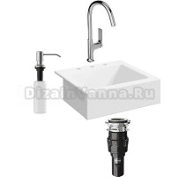 Комплект Мойка Domaci Сиена 50166-101, с 3 отверстиями, белый глянец + Измельчитель Равенна Vento 375 + Смеситель STWORKI + Дозатор 401, сатин