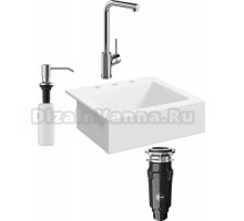 Комплект Мойка Domaci Сиена 50166-101, с 3 отверстиями, белый глянец + Измельчитель Равенна Vento Max 750 + Смеситель Ливорно + Дозатор 401, сатин