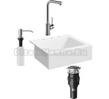 Комплект Мойка Domaci Сиена 50166-101, с 3 отверстиями, белый глянец + Измельчитель Равенна Vento 375 + Смеситель Ливорно + Дозатор 401, сатин