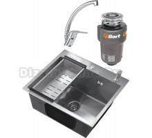 Комплект Мойка Ulgran, 50х45, брашированная сталь + Смеситель MEGA Mega MG-BMK016, хром + Измельчитель Bort Titan Max Power