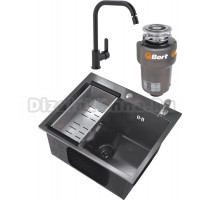 Комплект Мойка Ulgran, 50х45, черная брашированная сталь + Смеситель MEGA City MG- ZRV104-B, черный + Измельчитель Bort Titan Max Power, FullControl