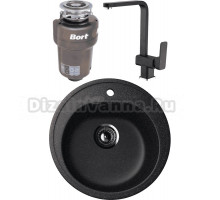 Комплект Мойка Ulgran U-101 -308, черная + Смеситель Domaci Солерно DC-3014, морион + Измельчитель Bort Titan 5000