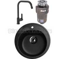 Комплект Мойка Ulgran U-101 -308, черная + Смеситель MEGA City MG- ZRV104-B, черный + Измельчитель Bort Titan 5000 Control