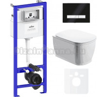 Комплект Унитаз подвесной безободковый Bell Pro Rimless 3301101R + Быстросъемное сиденье микролифт 33290100 + Система инсталляции для унитазов Relfix 38010010 + Кнопка смыва Relfix 38050701 глянцевая черная, белая