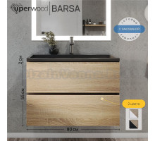 Тумба с раковиной Uperwood Barsa 80 подвесная, черная, дуб сонома, раковина черный глянец