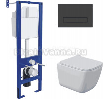 Комплект Унитаз подвесной Berges Quattro S Rimless безободковый, с микролифтом + Инсталляция Atom Line с кнопкой смыва черная матовая