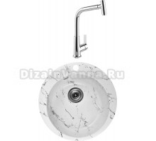 Комплект Мойка Wisent WA04-12, мрамор бело-черный + Смеситель MEGA Life MG-TK09, хром