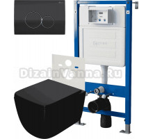 Комплект Унитаз подвесной Point Меркурий PN41831BM черный матовый, безободковый, с микролифтом + Инсталляция PN45120 + Кнопка Виктория PN44061BC черная, хром